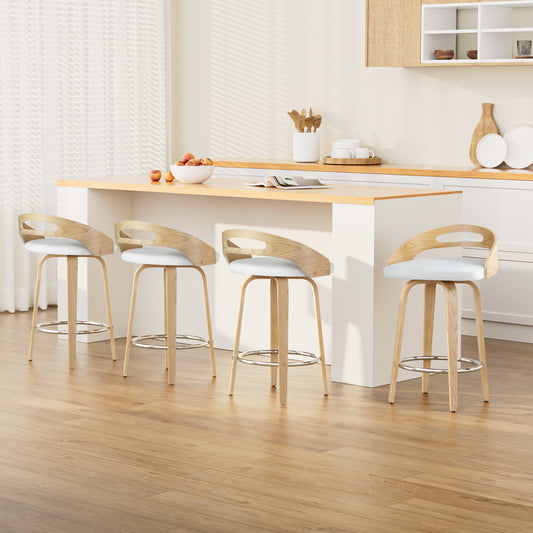Set of 4 Athens Bar Stools Swivel Dining Chairs Low Back Counter Seat PU Cushion - Wood & White