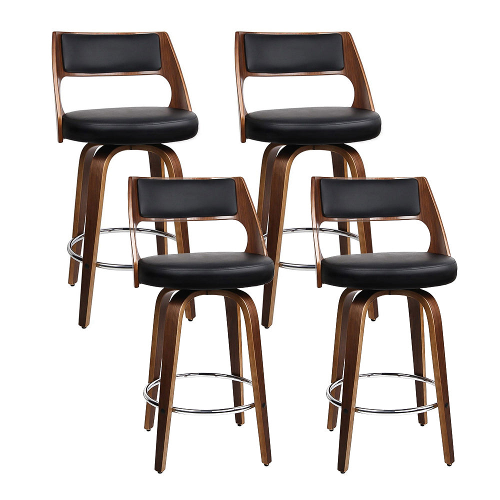Set of 4 Kastoria Wooden Bar Stools PU Leather - Black & Wood