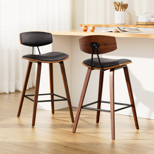 Set of 2 Cosenza PU Leather Circular Footrest Bar Stools - Black