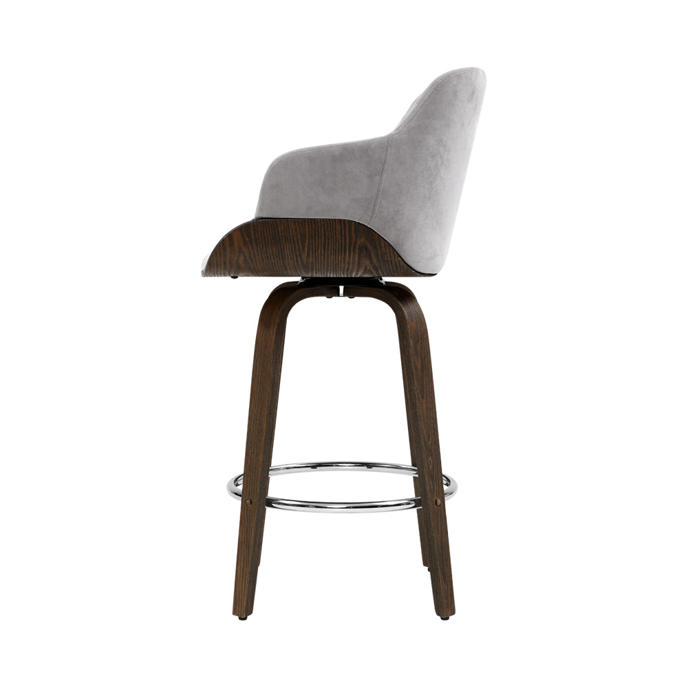 70cm Lleida Velvet Bar Stool Swivel - Grey & Wood