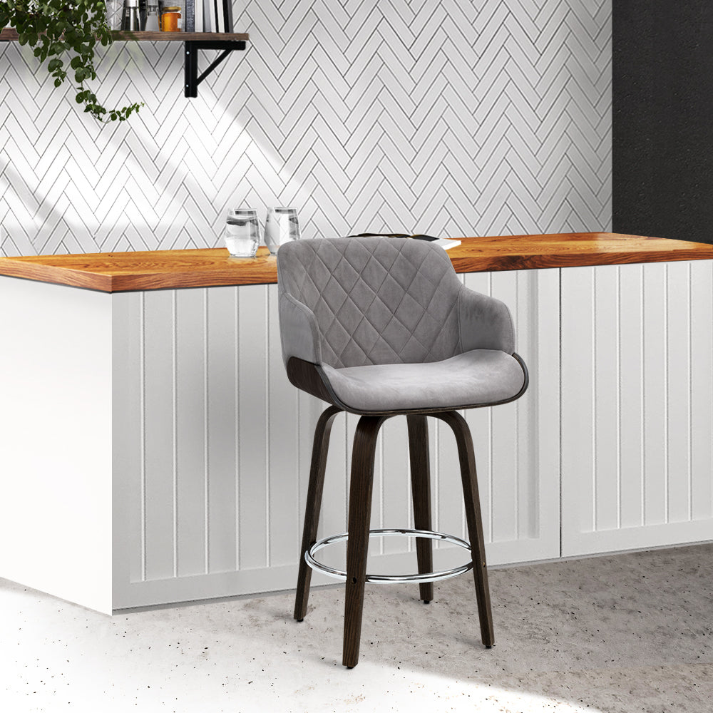 70cm Lleida Velvet Bar Stool Swivel - Grey & Wood