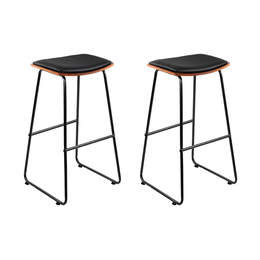 Set of 2 Tiel Backless PU Leather Bar Stools - Black & Wood