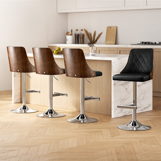 Set of 4 Chonchi Bar Stool Wood Swivel Adjustable Kitchen Counter Stool Leather - Black