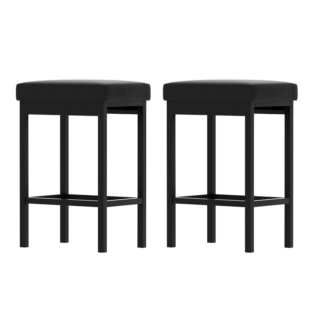 Set of 2 Dukhan Metal Bar Stools PU Seat Dining Counter Chairs - Black