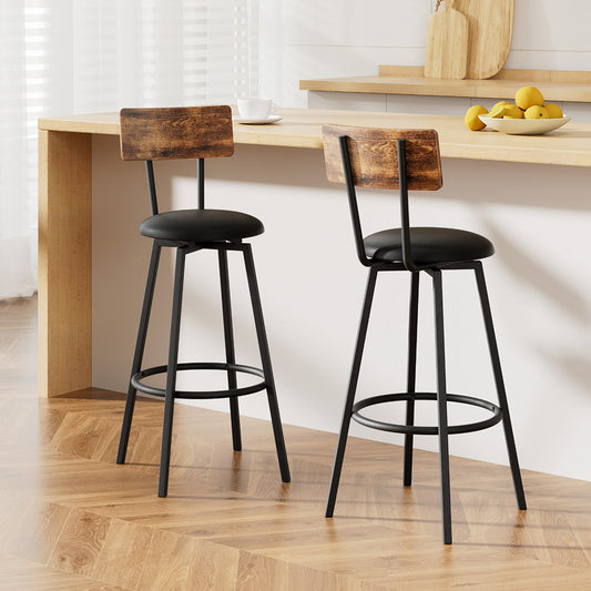 Set of 2 Kiffa Industrial Bar Stools Upholstered Counter Chairs Steel Frame Anti-Scratch - Walnut