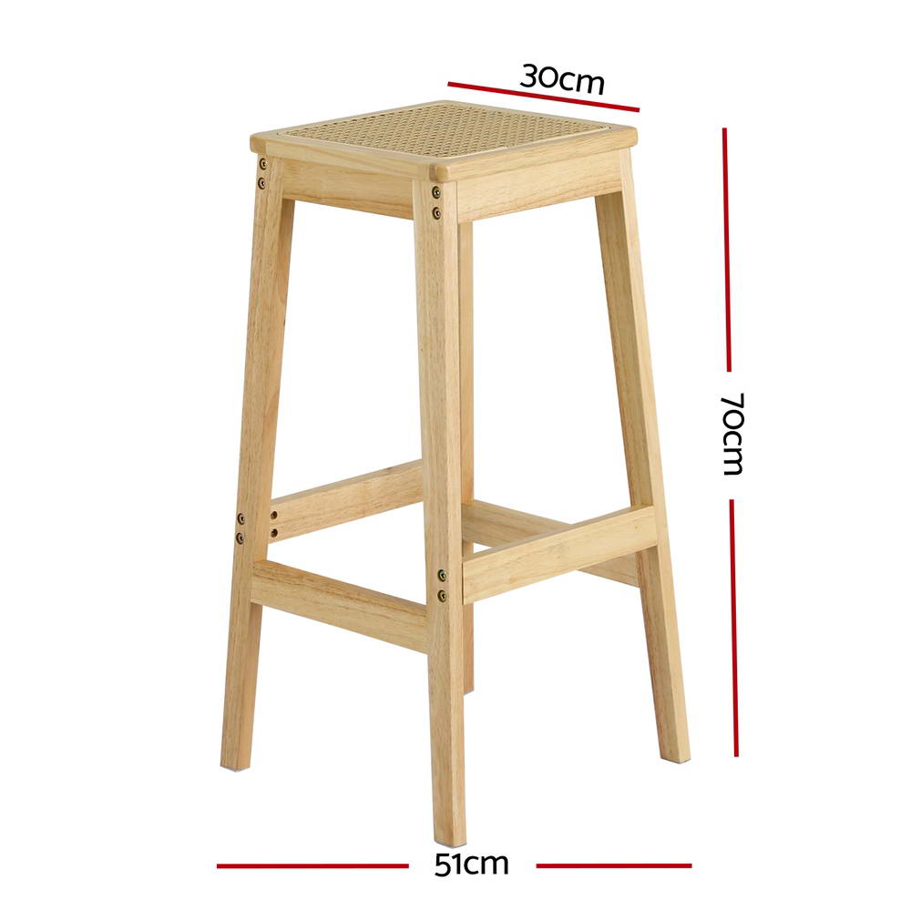 Set of 2 Brussels Bar Stools Rubber Wood Stool Counter Chair Rattan Barstools Kitchen - Natural Wood