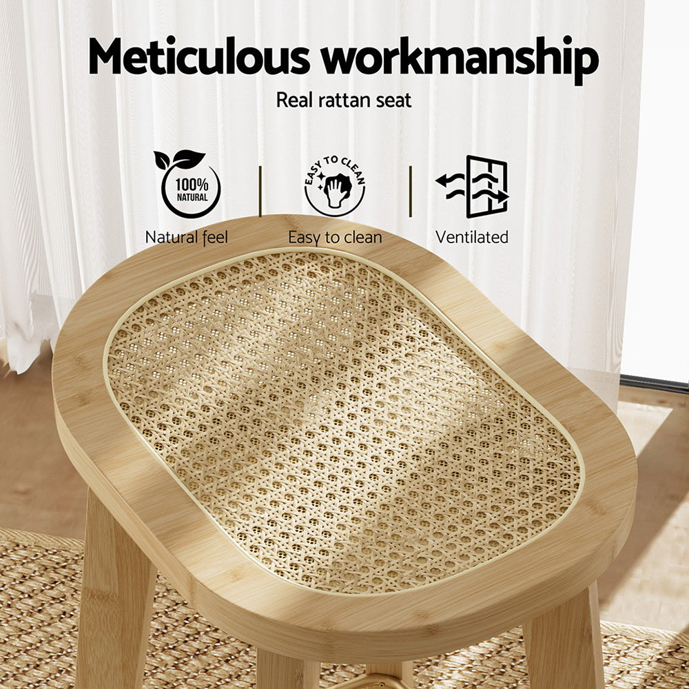 Set of 2 Lisbon Bar Stools Bamboo Rattan Stool Counter Chair Kitchen Barstools - Natural Wood
