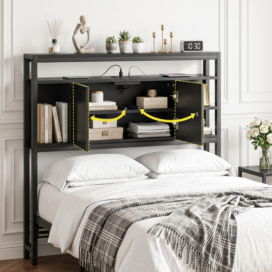 Bed Headboard Storage Charging Station - Black King Single