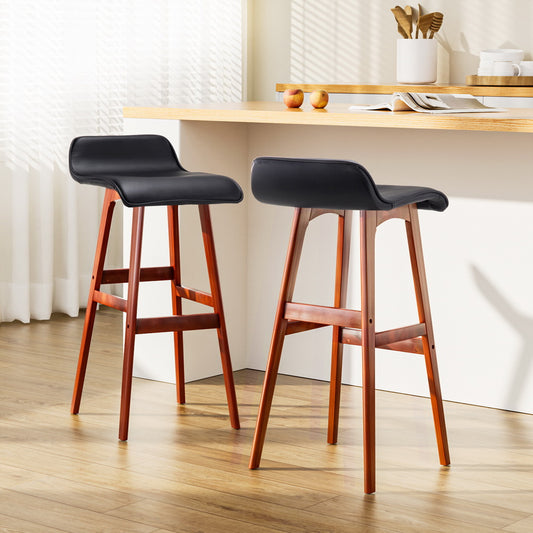 Set of 2 Geleen PU Leather Wood Wave Style Bar Stool - Black
