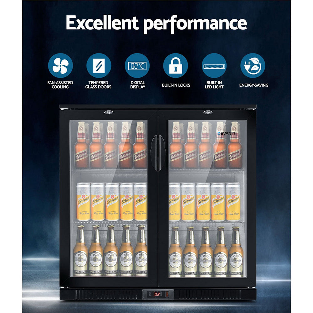 Devanti 198L Bar Fridge Dual Glass Door with Light Black