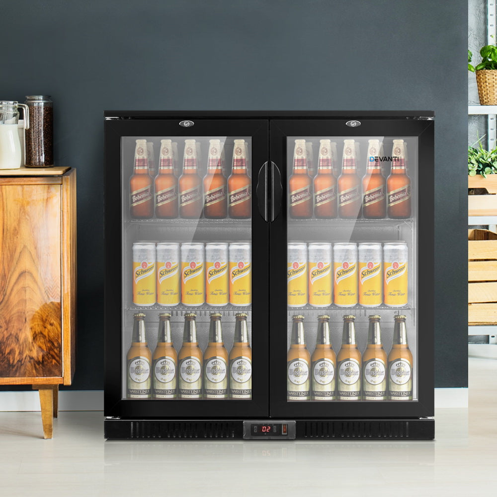 Devanti 198L Bar Fridge Dual Glass Door with Light Black