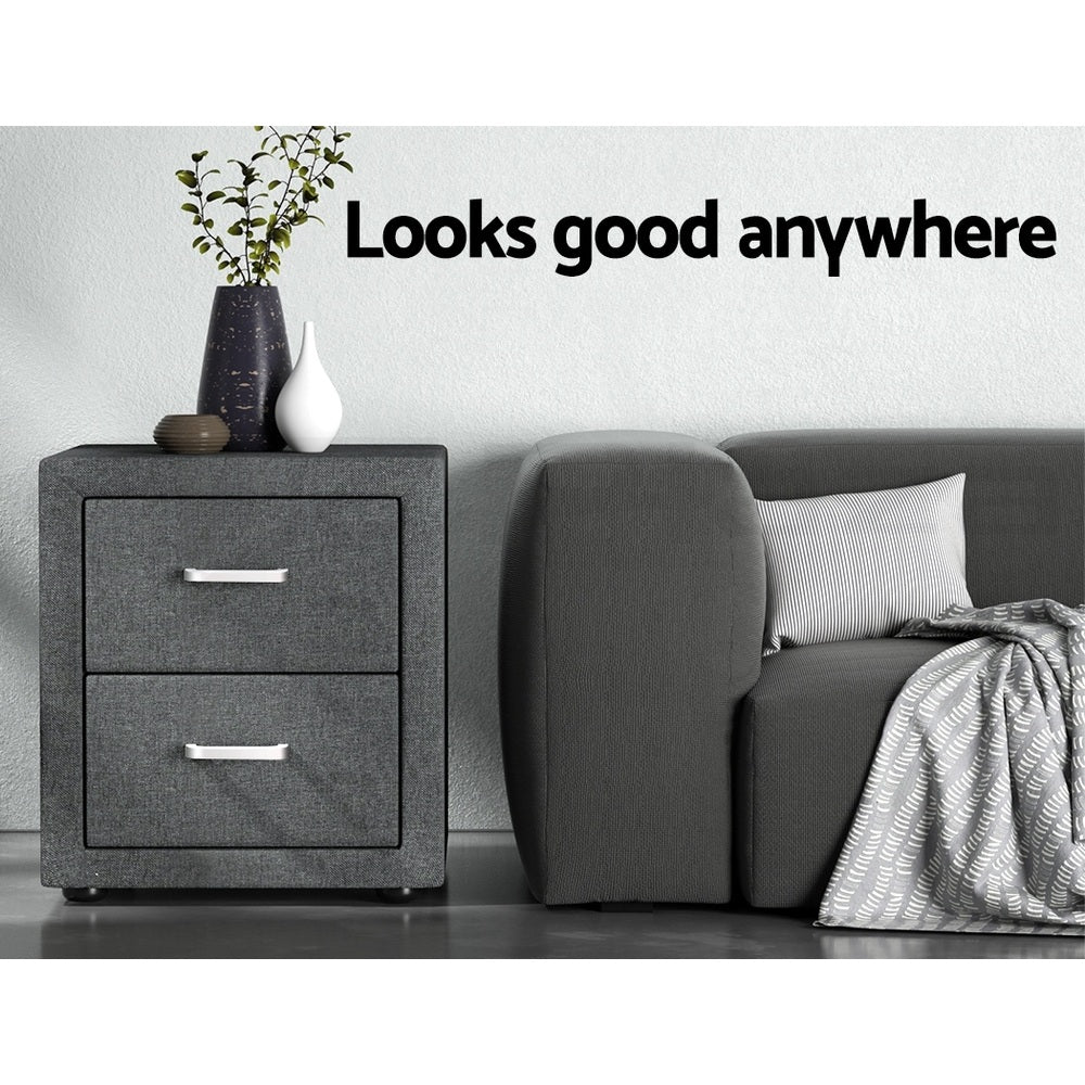 Set of 2 Kildonan Bedside Tables Side Table Fabric with 2 Drawers - Grey