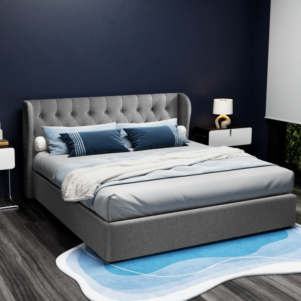 Lucca Bed Frame Fabric Gas Lift Storage - Grey King