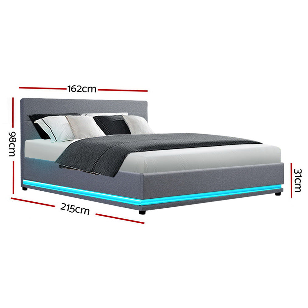 Azalea LED Bed Frame Fabric Gas Lift Storage - Grey Queen