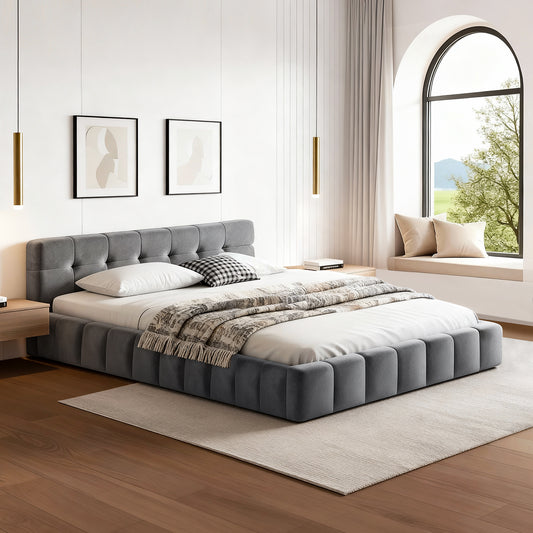 Novara Bed Frame Plush Soft Headboard Velvet Platform Base - Grey Double