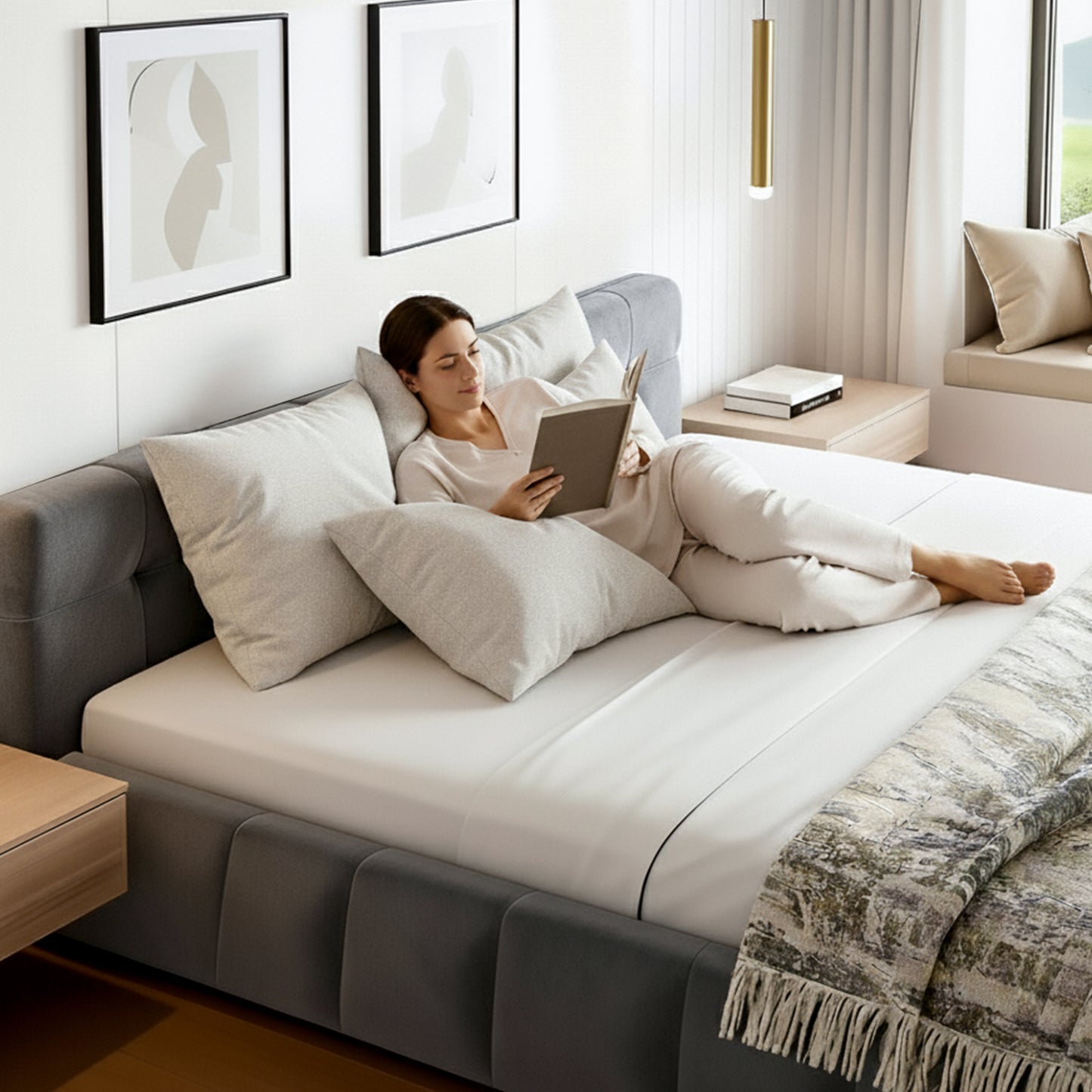 Novara Bed Frame Plush Soft Headboard Velvet Platform Base - Grey Double