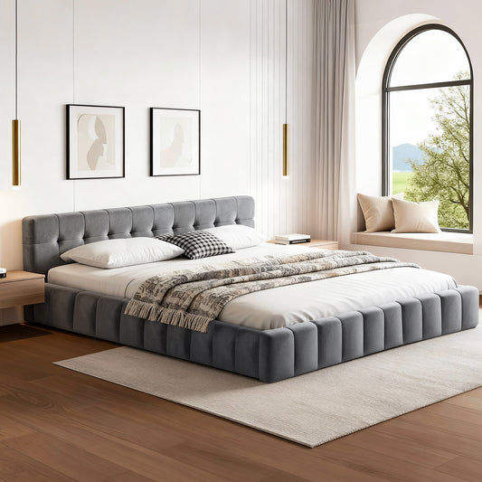 Novara Bed Frame Plush Soft Headboard Velvet Platform Base for Modern Bedrooms - Grey King