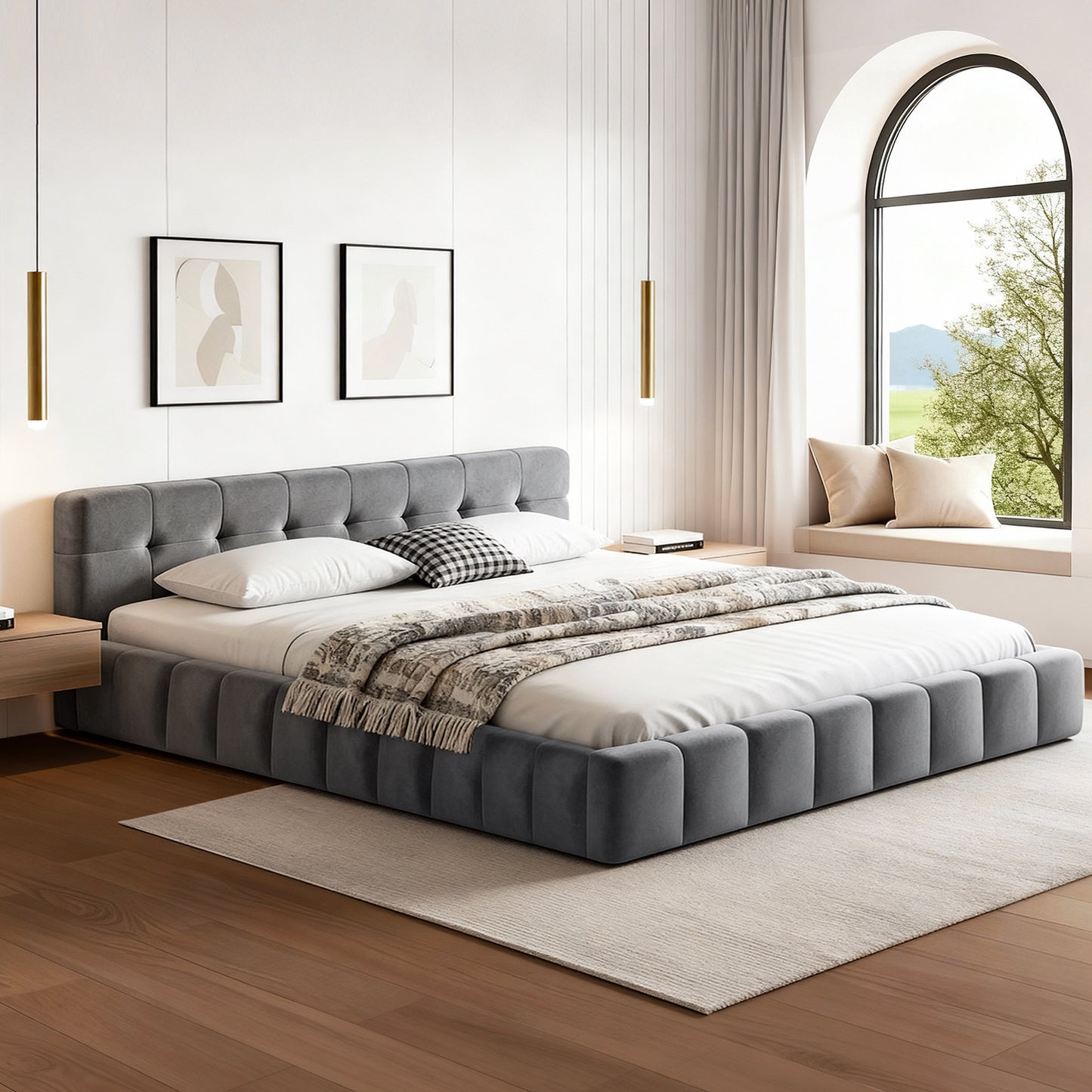 Novara Bed Frame Plush Soft Headboard Velvet Platform Base - Grey Queen