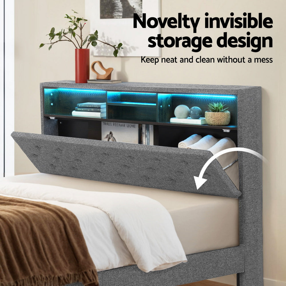 Solenne Bed Frame LED Base Platform with Storage Shelf Hidden Storage Box - Grey Double