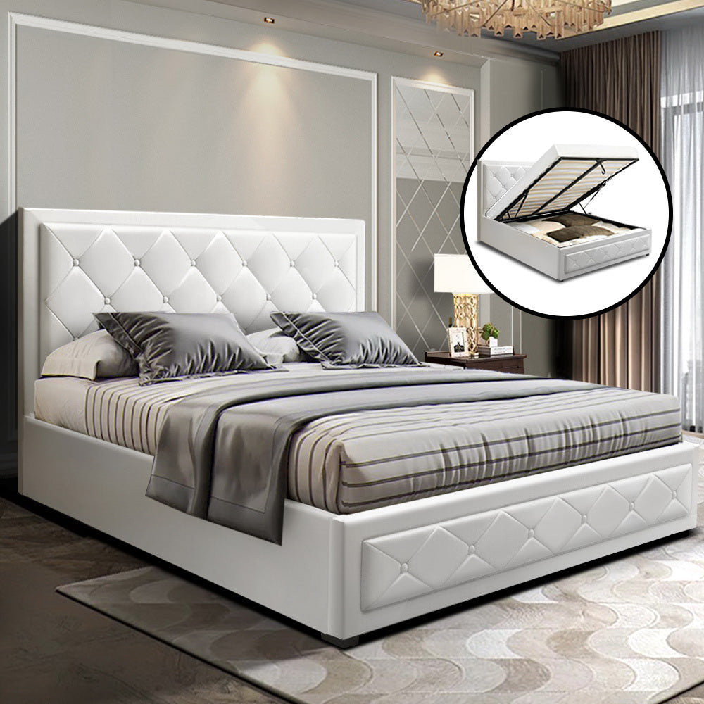 Cardiff Double Bedroom Suite 5 Piece 1x Double Mattress, 1x Double Gas Lift Bed Frame, 1x Set of 2 Bedside Table and 1x White Tallboy