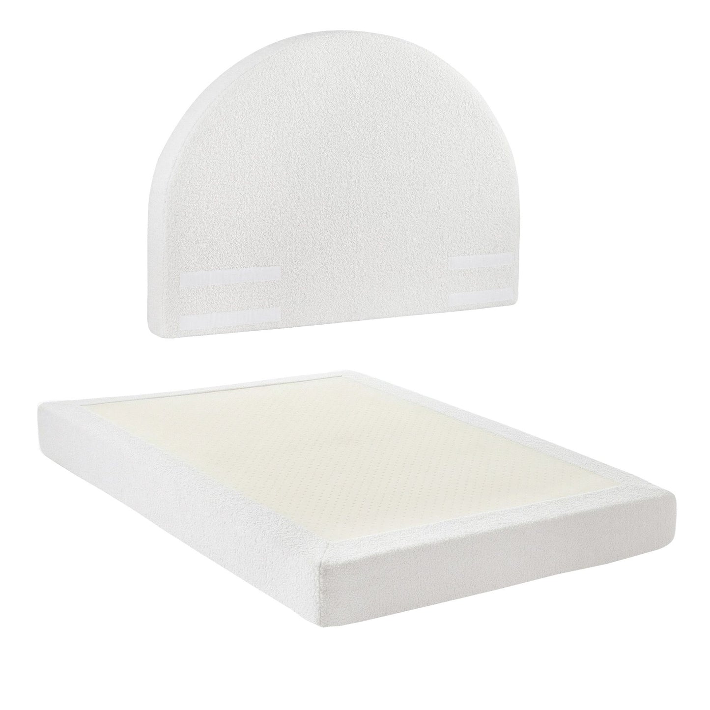 White mattress topper with a white headboard on a white background