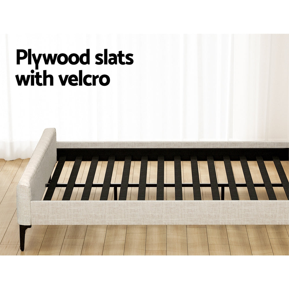 Marlowe Bed Frame Fabric with Headboard Wooden Slats Metal Legs - Beige King