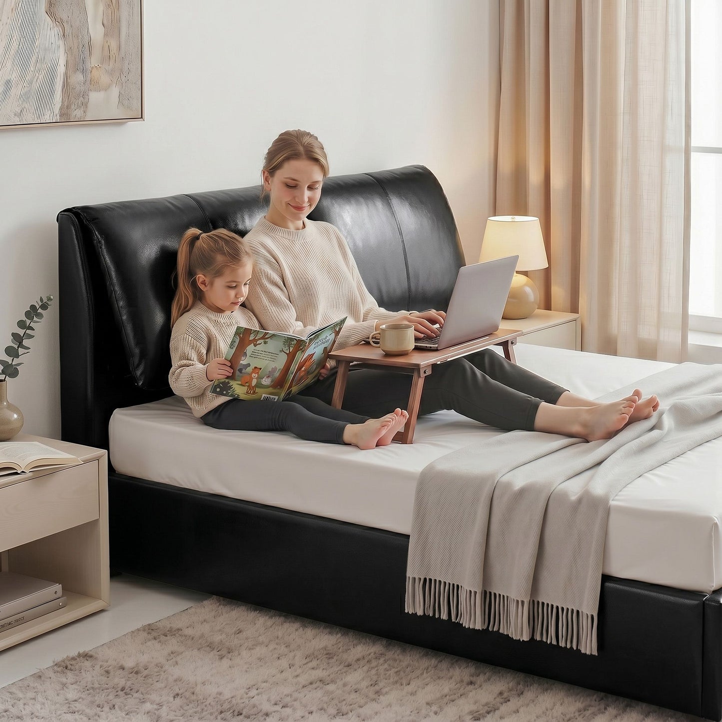 Zevora Bed Frame Gas Lift Storage 3 Drawers Adjustable Headboard Platform - Black King