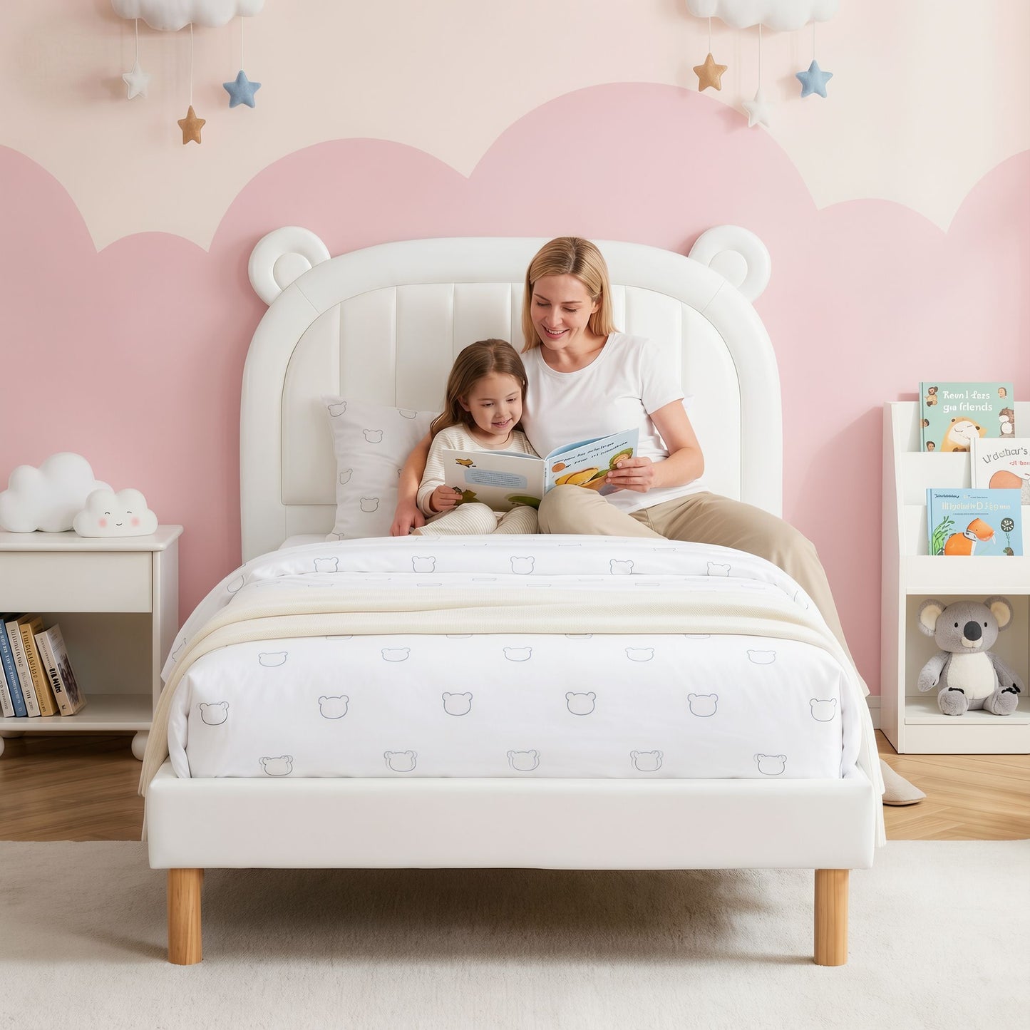 Shiemi Kids Bed Frame Bear Ears Headboard Upholstered Leather Platform Bed - White King Single