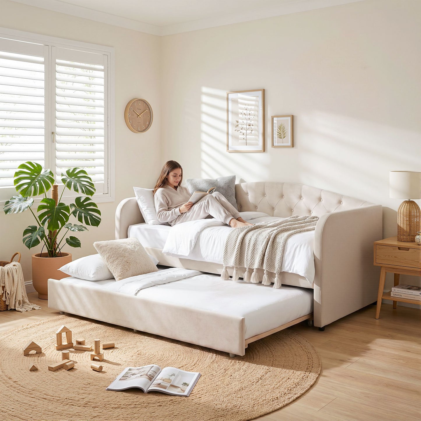 Virelle Daybed Velvet Trundle Bed Frame Tufted Guest Bed - White King Single