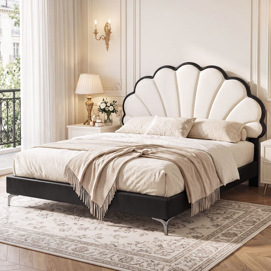Linden Bed Frame with Adjustable Shell Headboard and PVC Upholstery - Black Queen