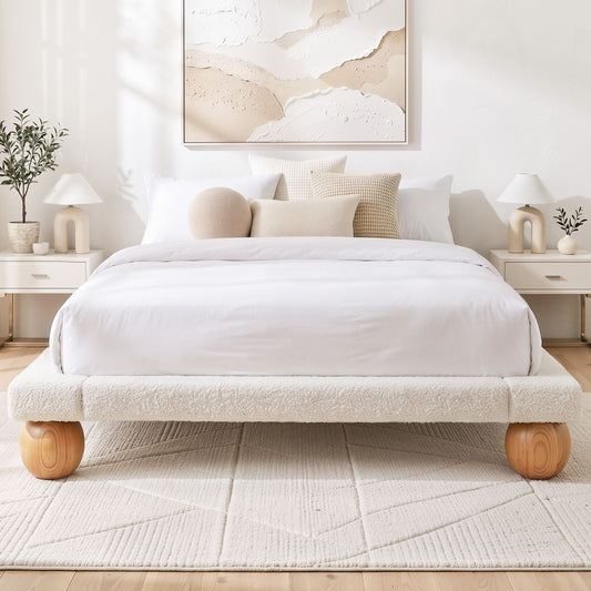 Cassian Bed Frame with Boucle Upholstery and Solid Rubber Wood Legs - White Queen