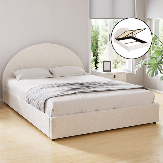 Orlena Bed Frame Gas Lift Strorage Beds Base Platform Boucle Fabric - Beige Double