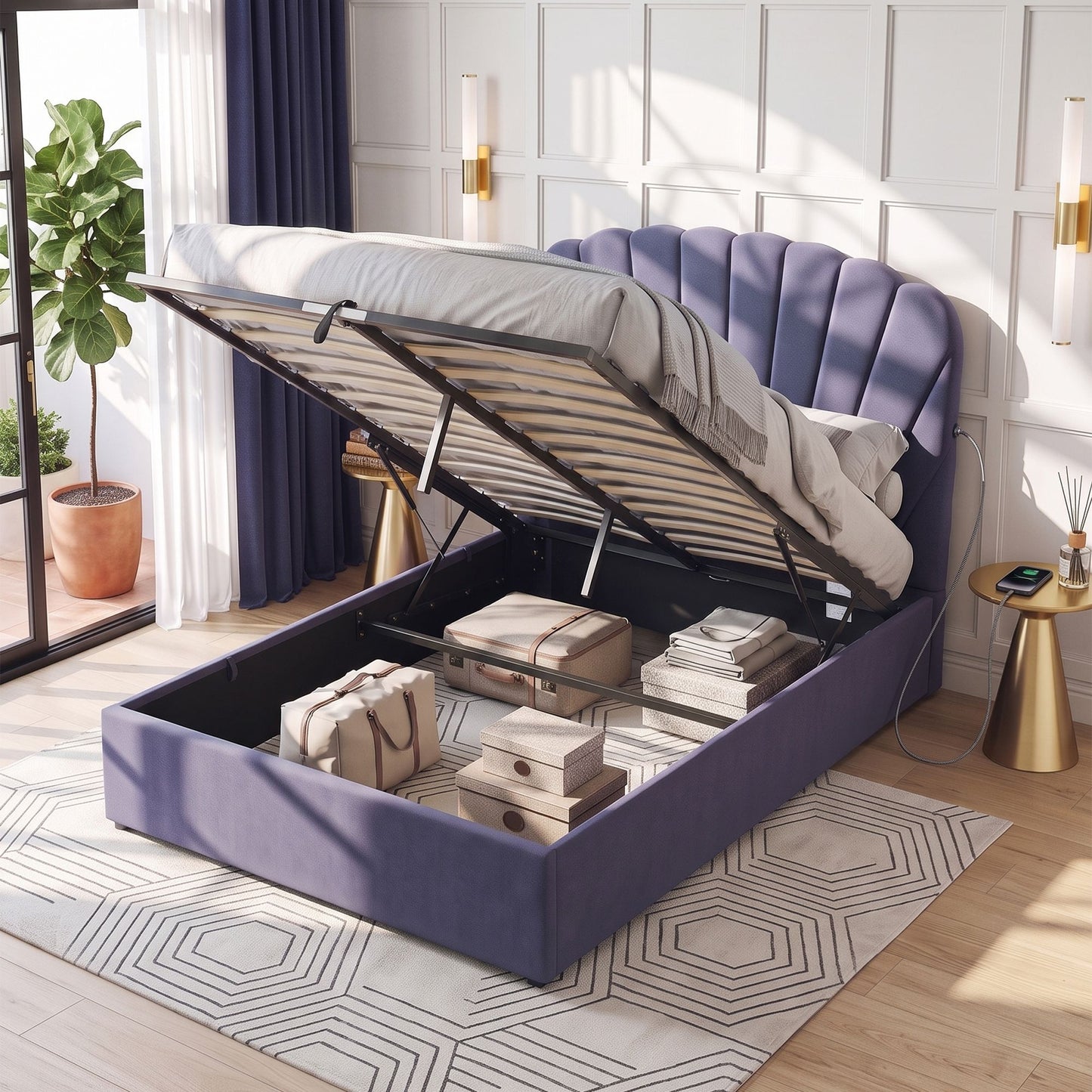 Faenza Bed Frame with Lift Up Storage and USB Ports - Grey Double