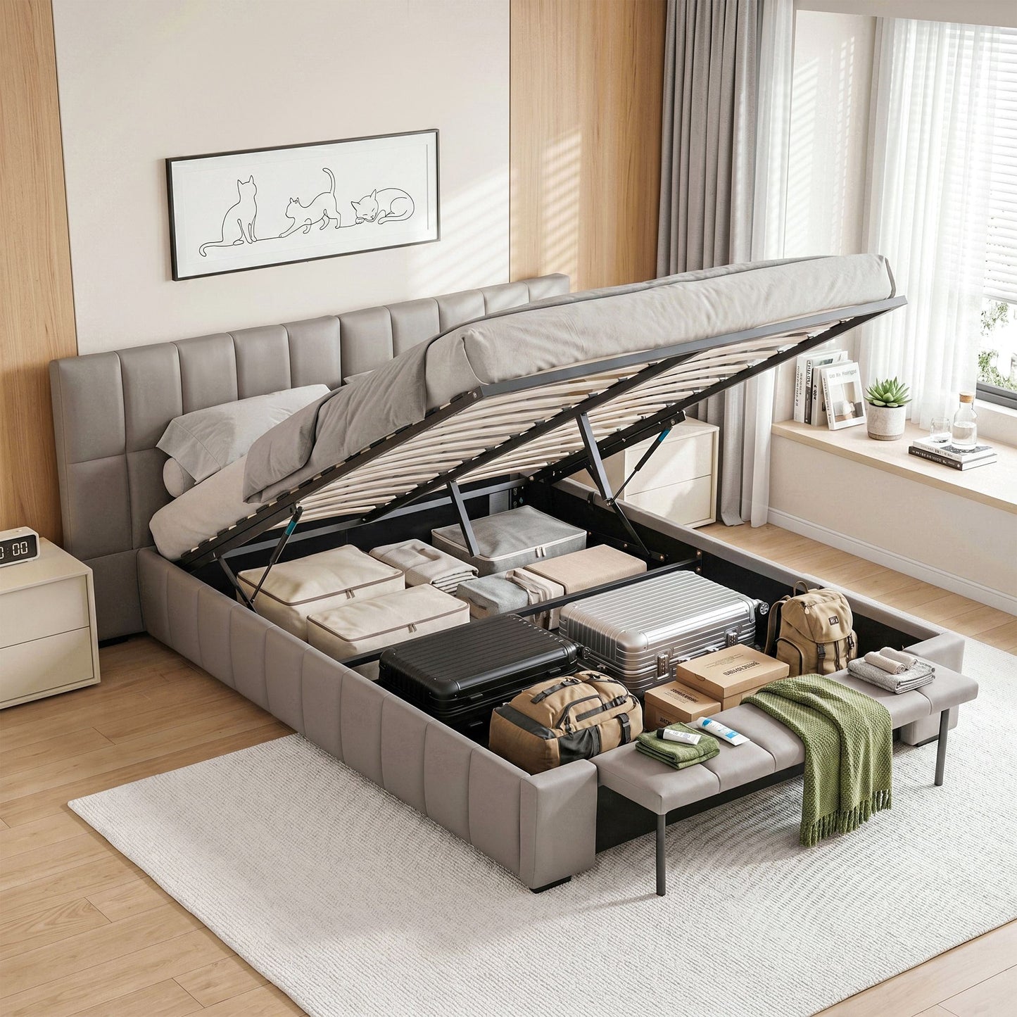 Lunexa Upholstered Gas Lift Bed Frame with Foldable Bench PVC Leather Platform Bed with Storage - Grey Double