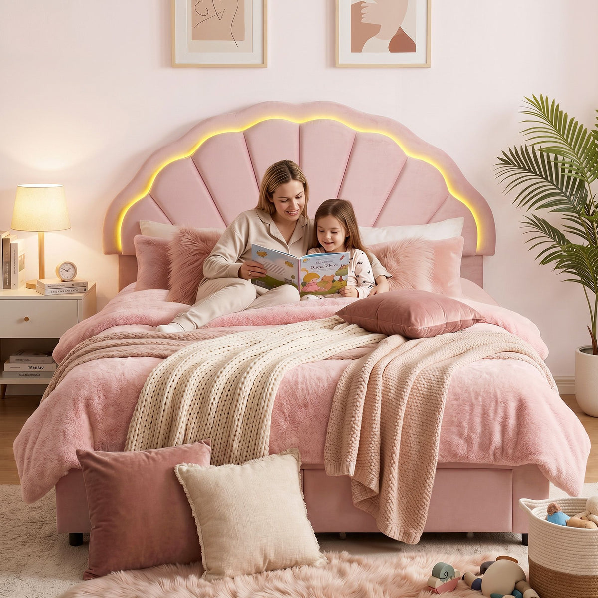 Casava Bed Frame with 2 Storage Drawers Upholstered Velvet Platform Bed LED Headboard - Pink Double