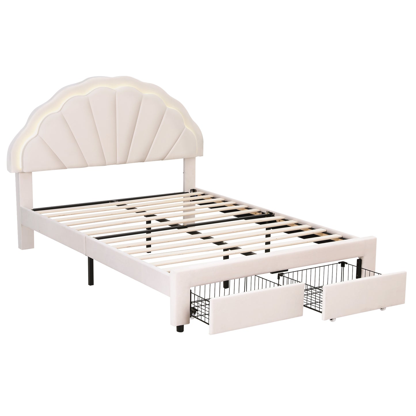 Casava Bed Frame Storage Charging Station Upholstered 3 Drawers LED - White Double