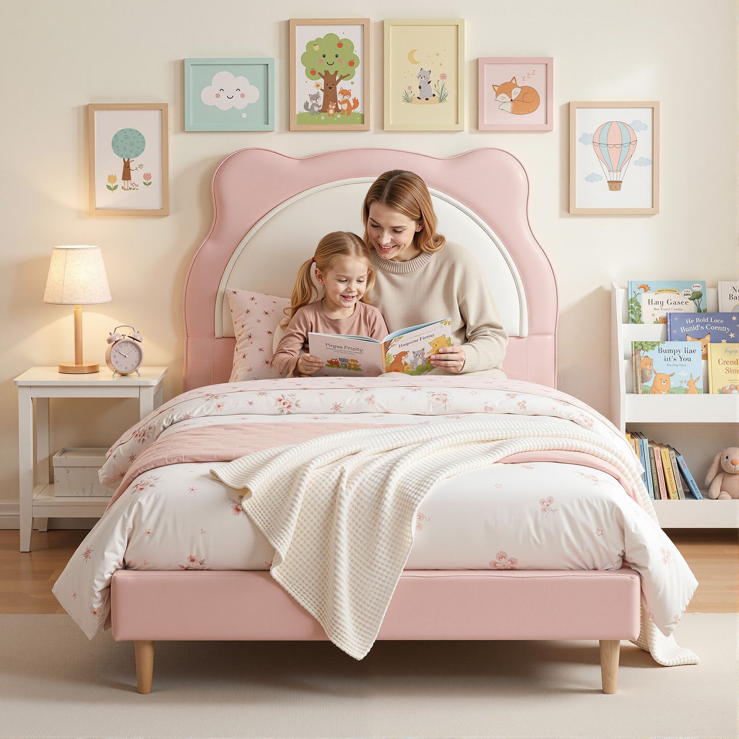 Sierra Kids Bed Frame Cute Animal Upholstered - Pink King Single