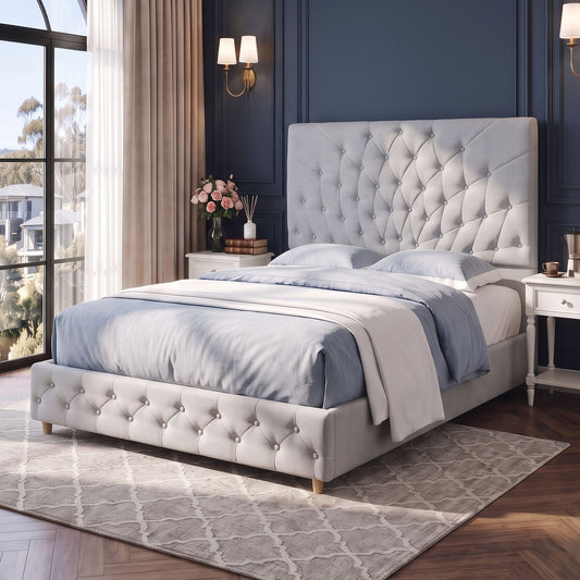 Calais Bed Frame with Tufted Headboard and Plywood Slats - Grey Double