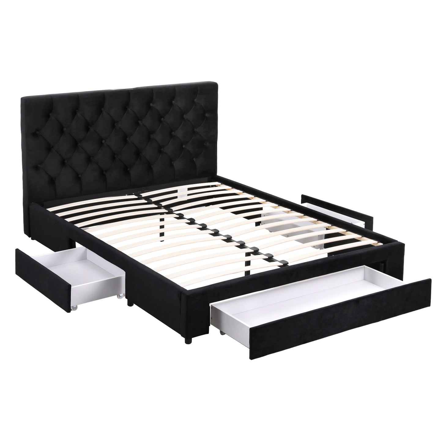 Naya Bed Frame Storage Charging Station Upholstered 3 Drawers USB Type-C - Black Double