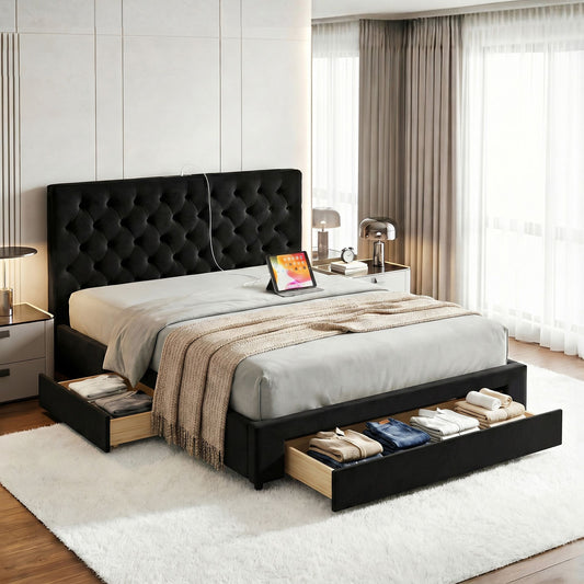 Bravix Bed Frame Storage Charging Station Upholstered 3 Drawers - Black King