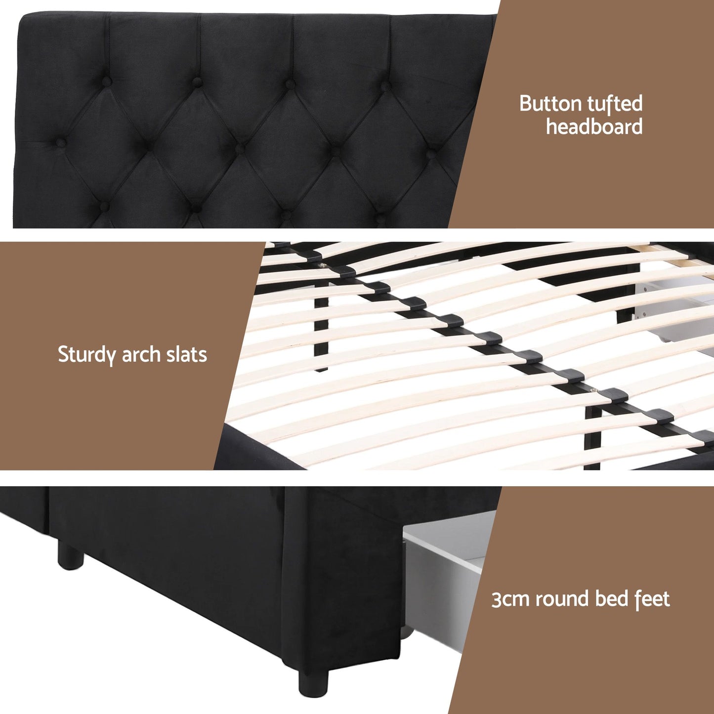 Bravix Bed Frame Storage Charging Station Upholstered 3 Drawers - Black King
