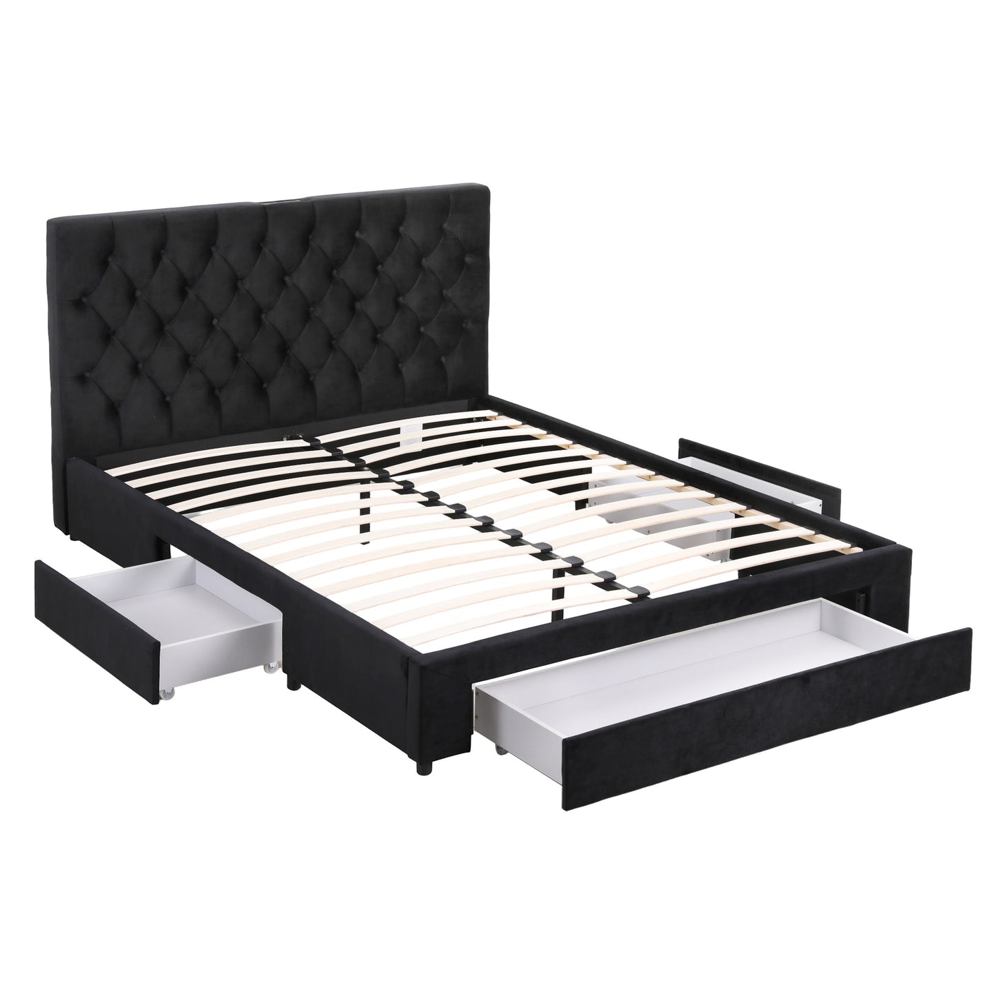 Bravix Bed Frame Storage Charging Station Upholstered 3 Drawers - Black Queen
