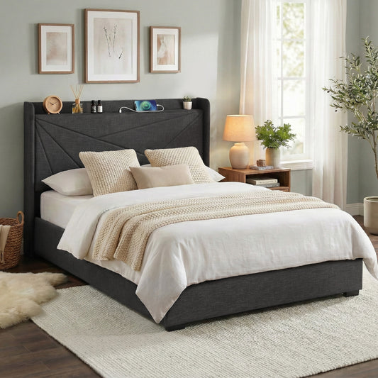 Sicily Bed Frame Gas Lift Storage Bed with Charging Ports Upholstered Geometric Headboard - Charcoal Grey Queen
