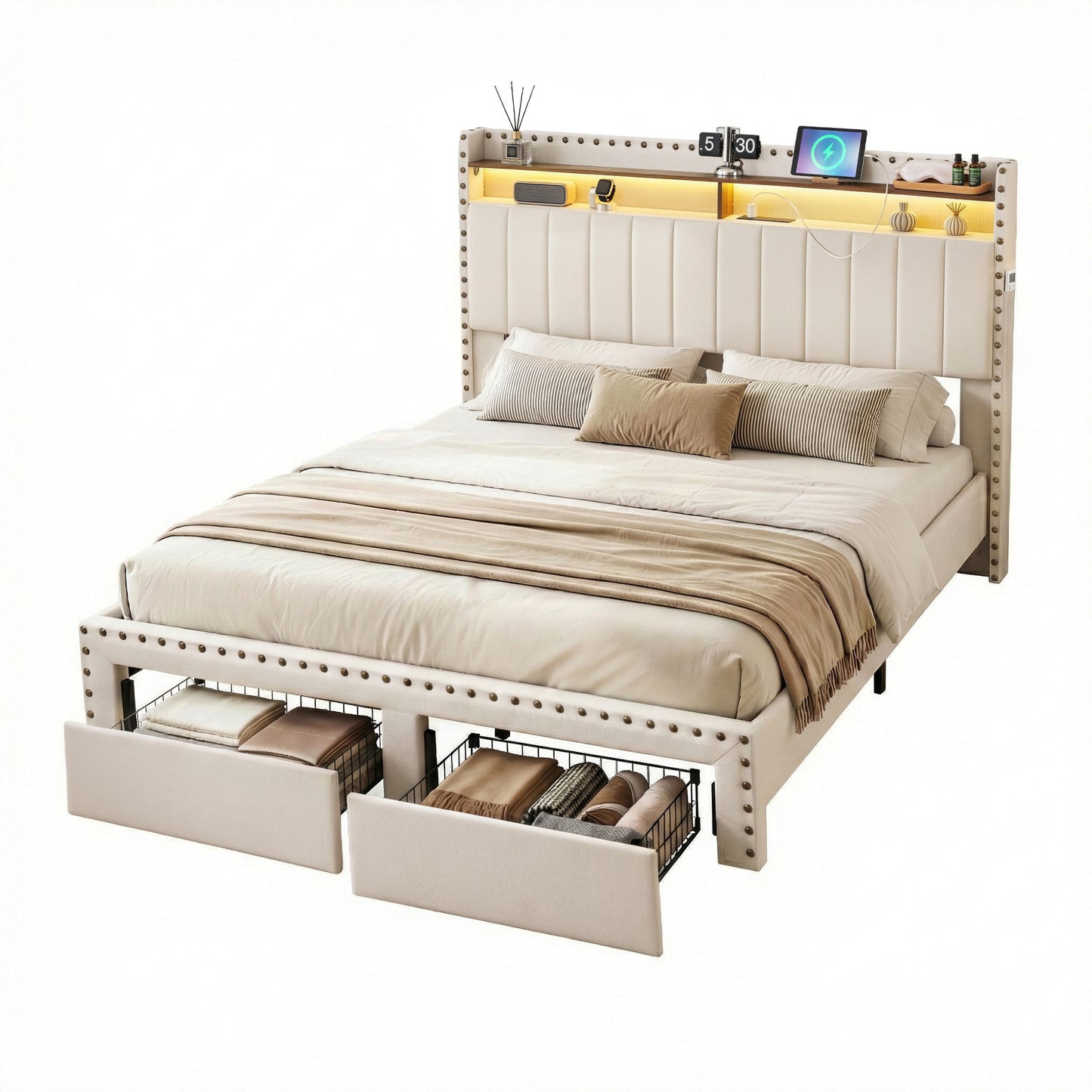Solvian Bed Frame with Shelf Storage Drawers Charging Station Mood Lighting - Beige King