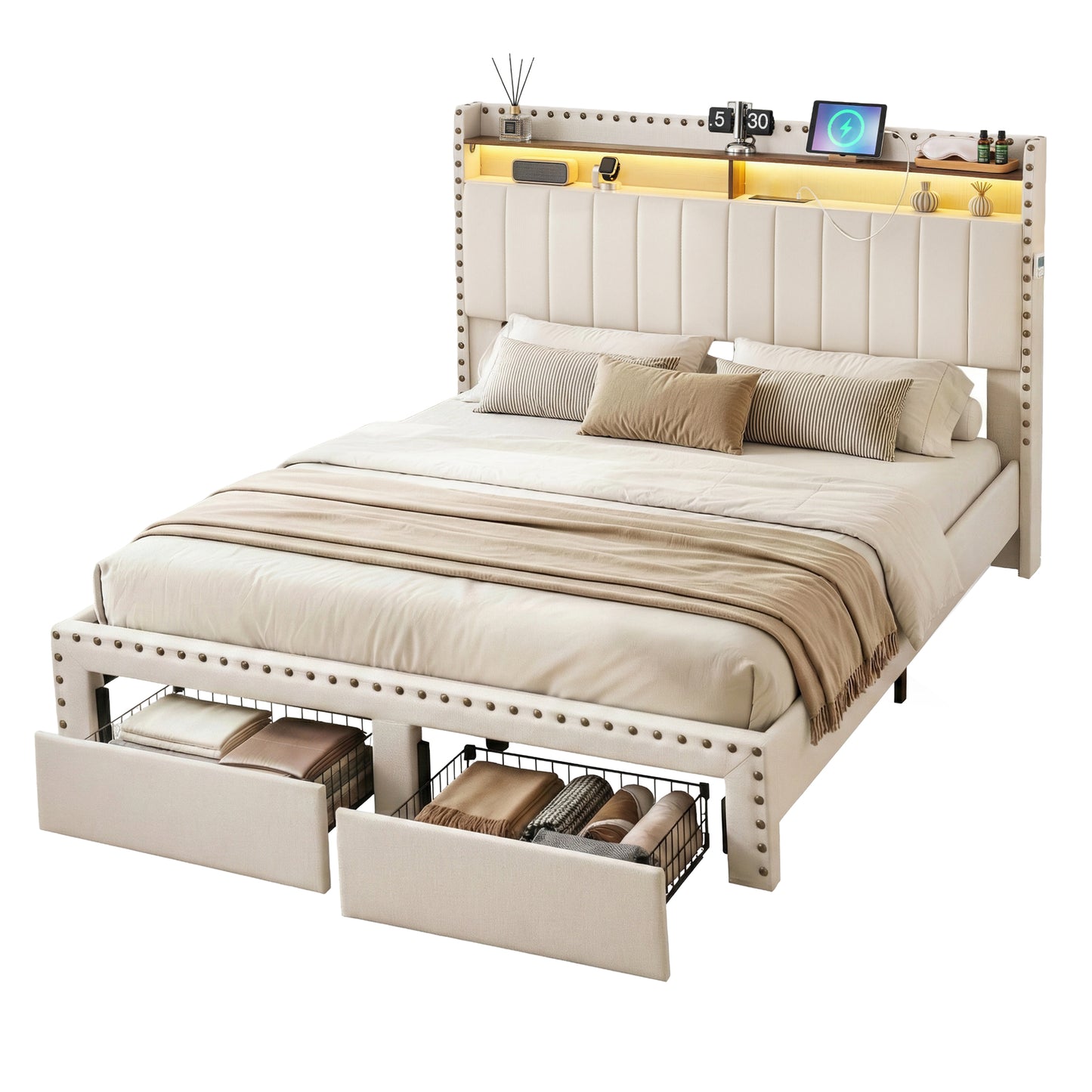 Solvian Bed Frame with Shelf Storage Drawers Charging Station Mood Lighting - White Queen