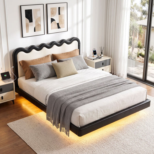 Ondine Bed Frame Floating Design with RGB LED and USB Charging - Black & Beige Queen