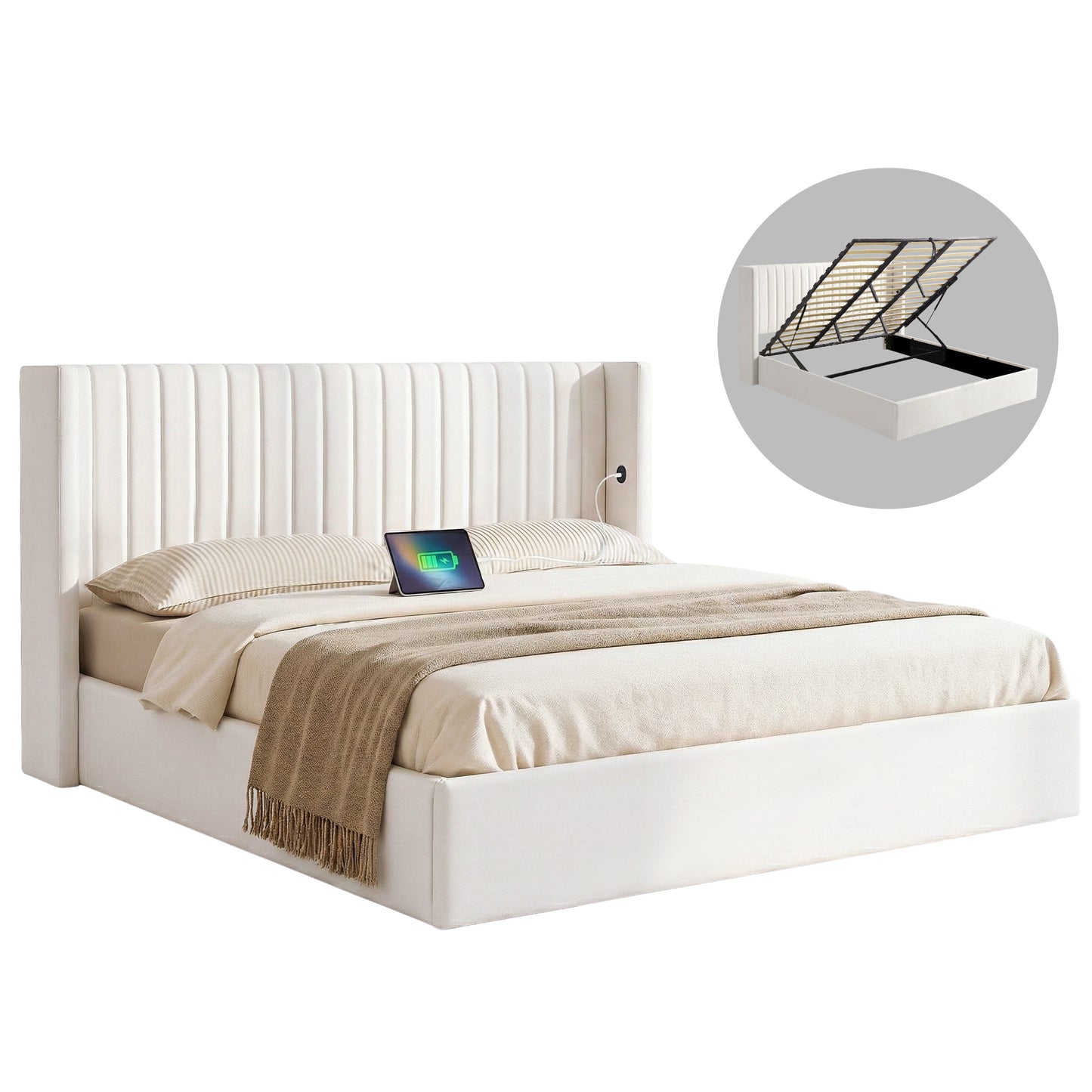 Alora Bed Frame with Gaslift Storage USB Type-C Charging Ports Velvet Upholstery - White King