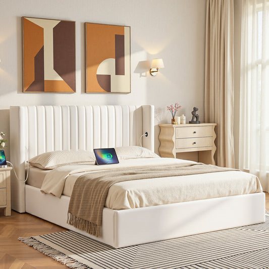 Alora Bed Frame with Gaslift Storage USB Type-C Charging Ports Velvet Upholstery - White Queen