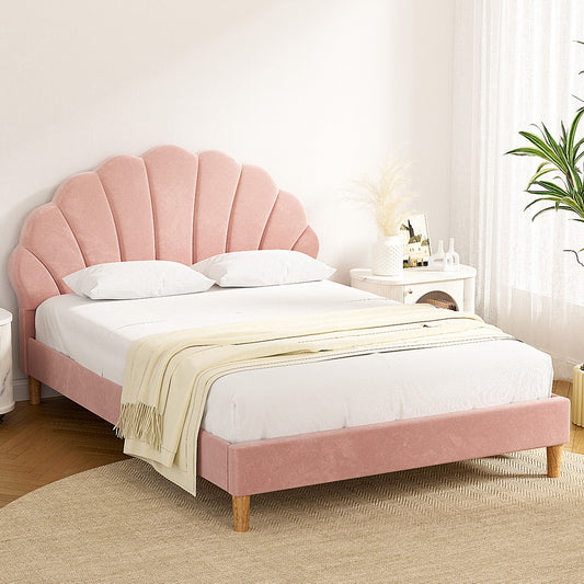 Avalyn Bed Frame Scallop-Shape Bedhead Velvet Fabric - Pink Double