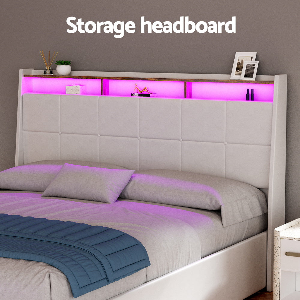 Somnia Bed Frame Gas Lift LED Beds Base Platform Storage Headboard - White Double